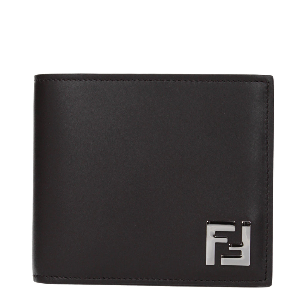 Fendi Men’s Leather Wallet with Metallic FF Logo in Marrone & Ebano