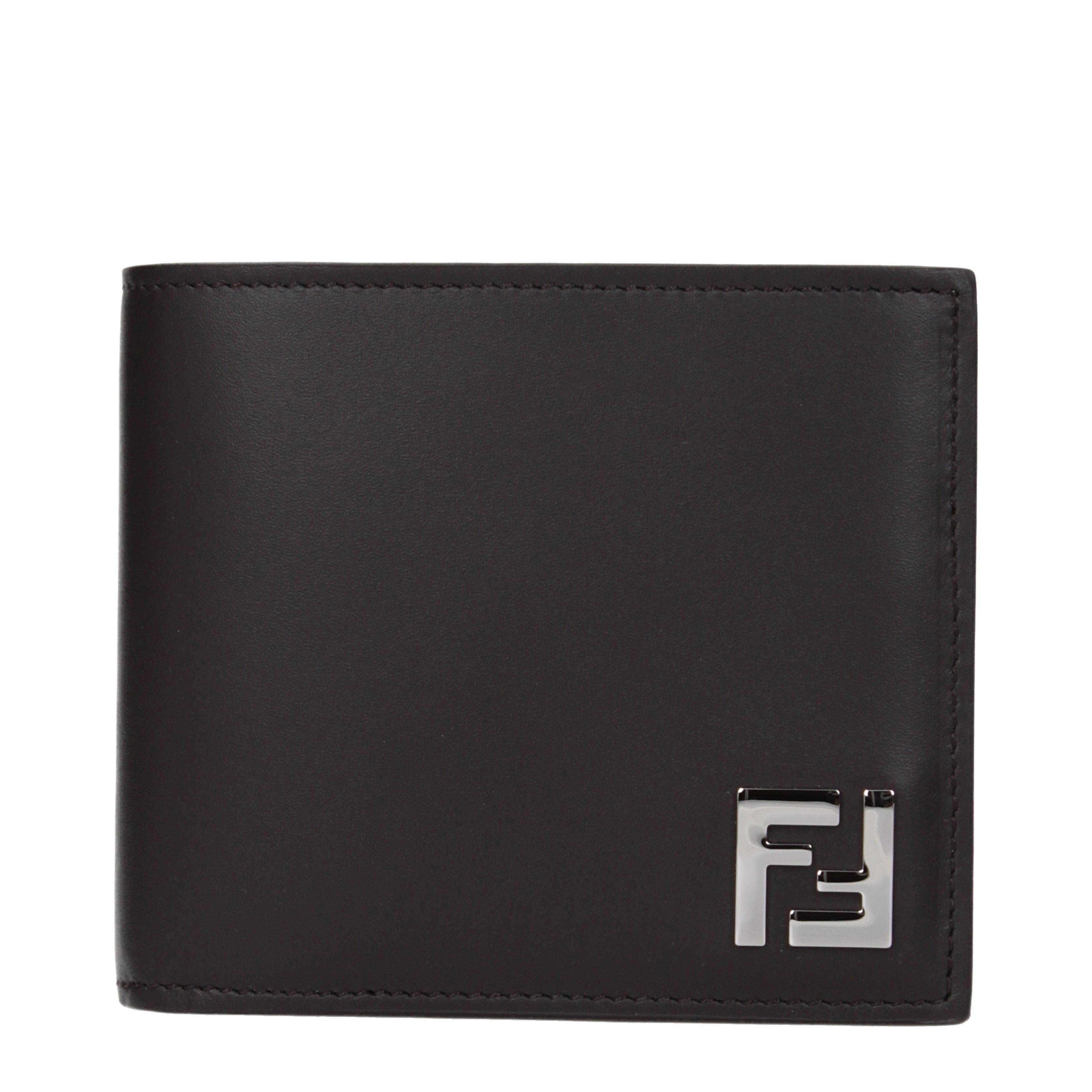Fendi Men’s Leather Wallet with Metallic FF Logo in Marrone & Ebano