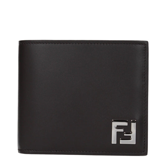 Fendi Men’s Leather Wallet with Metallic FF Logo in Marrone & Ebano