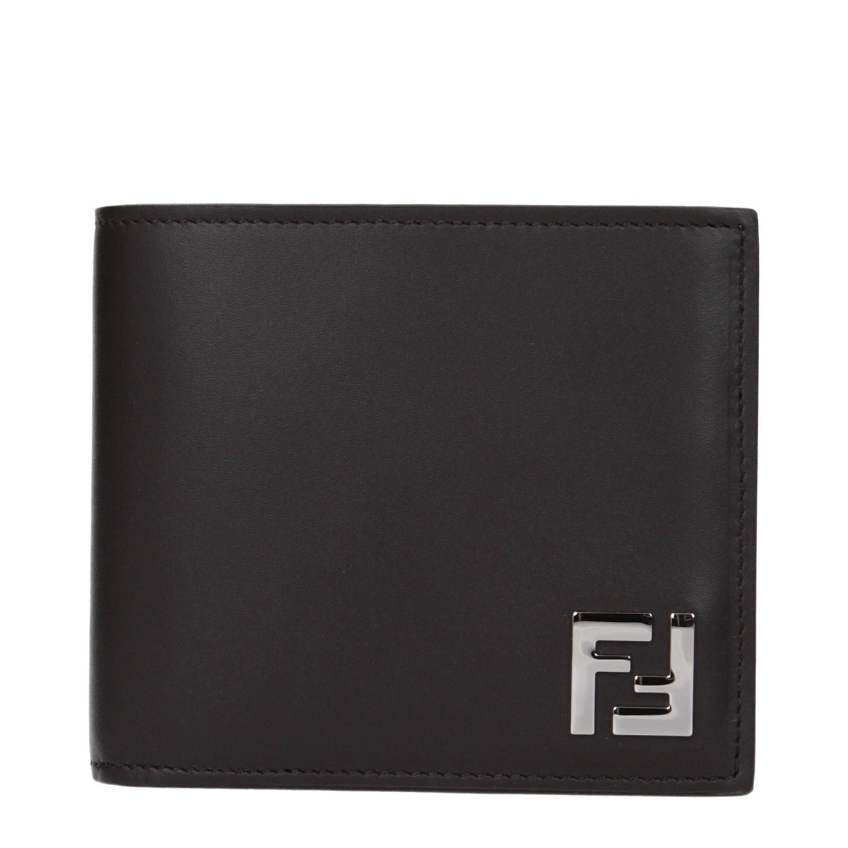 Fendi Men’s Leather Wallet with Metallic FF Logo in Marrone & Ebano