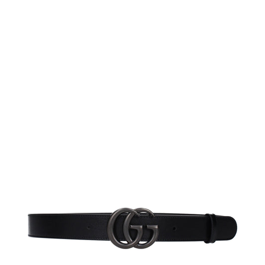 Gucci Men's Black Leather Belt with Ruthenium GG Buckle