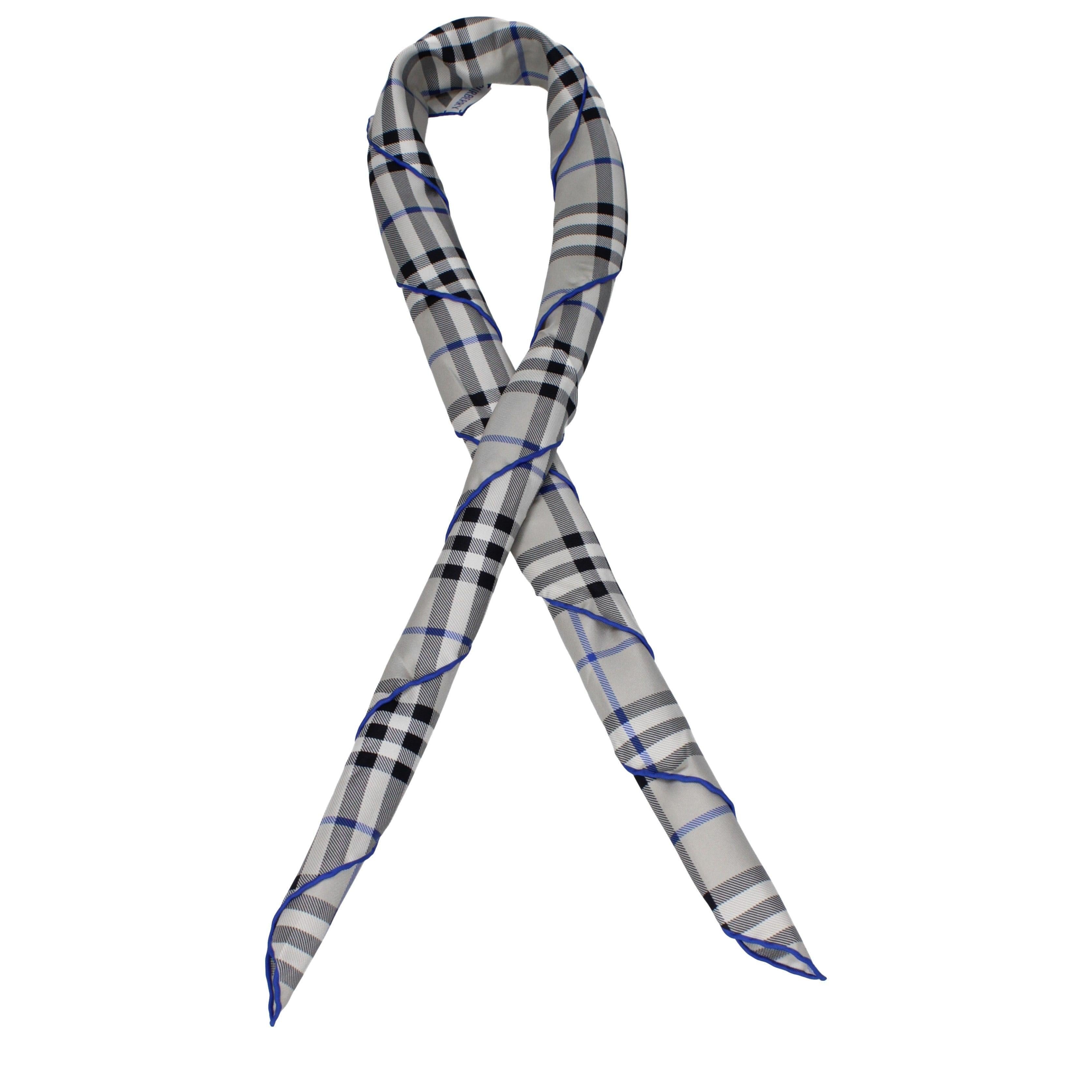 Burberry 100% Silk Scarf – Grey Check with Blue Trim