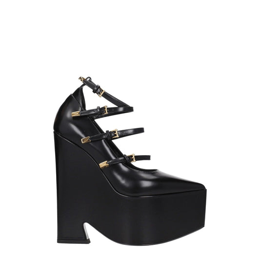 Versace Black Leather Pointed Heels with Gold Details