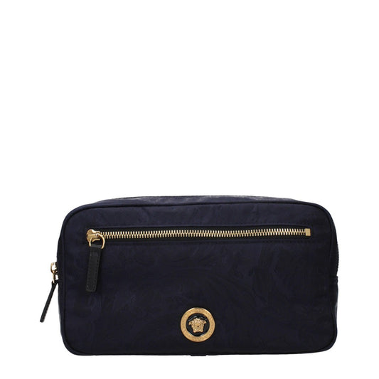 Versace Navy Blue Fabric and Leather Shoulder Bag