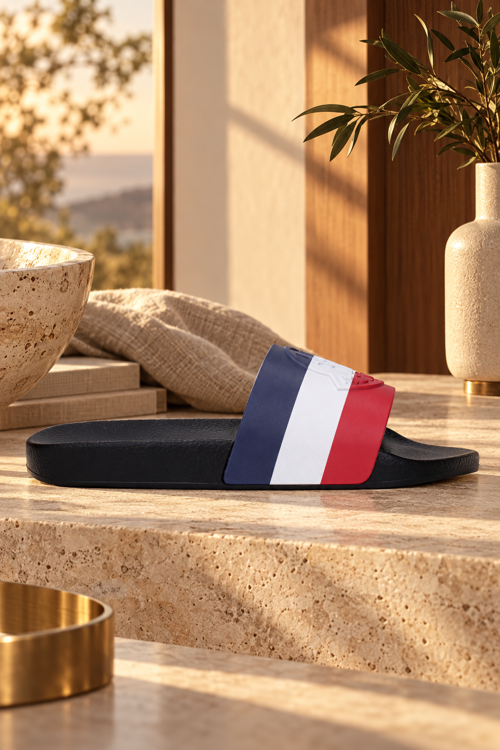 Moncler Blue and Red Rubber Sandals — lifestyle