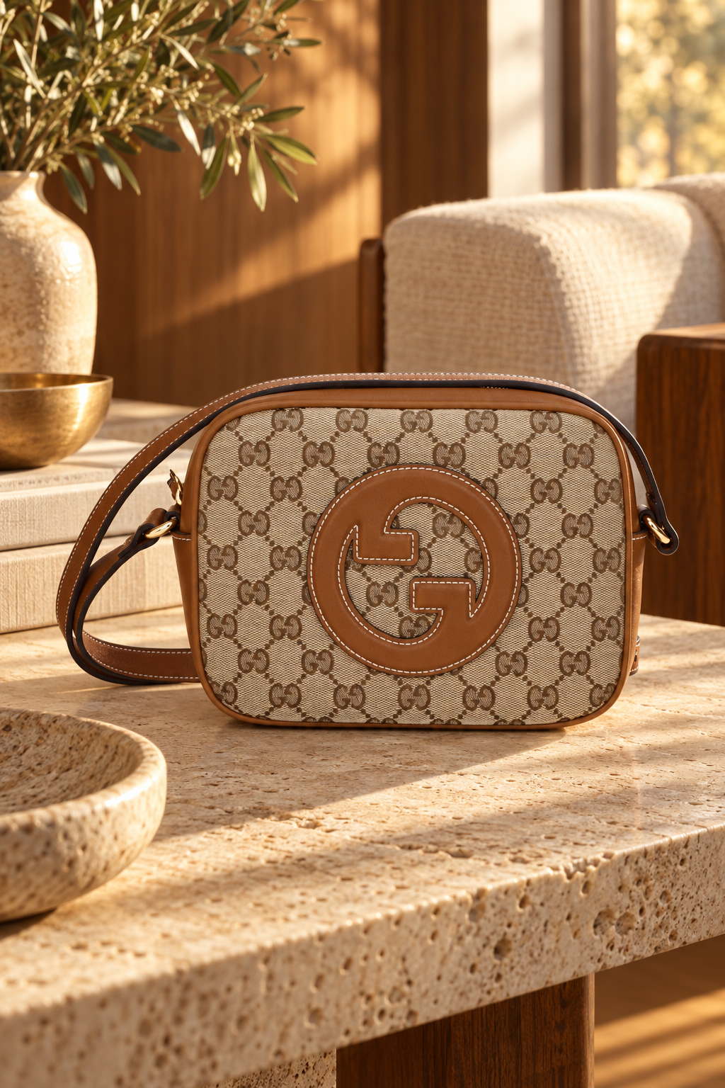 Gucci Beige and Brown Fabric and Leather Shoulder Bag — lifestyle