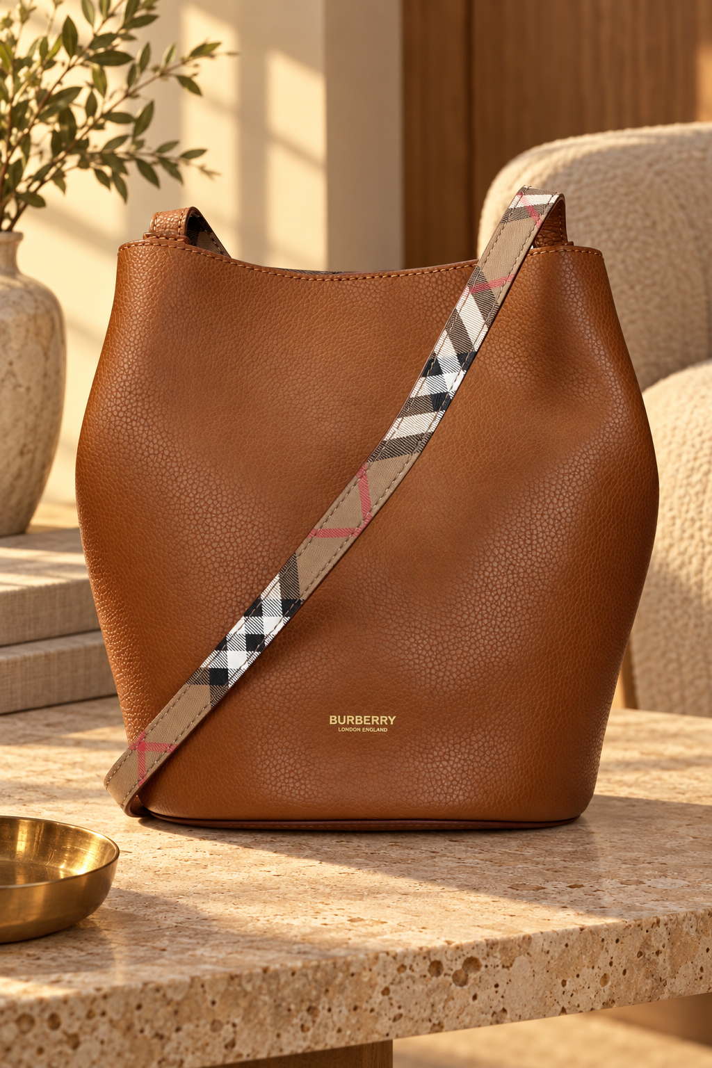 Burberry Leather and Textile Shoulder Bag – Brown / Gold — lifestyle