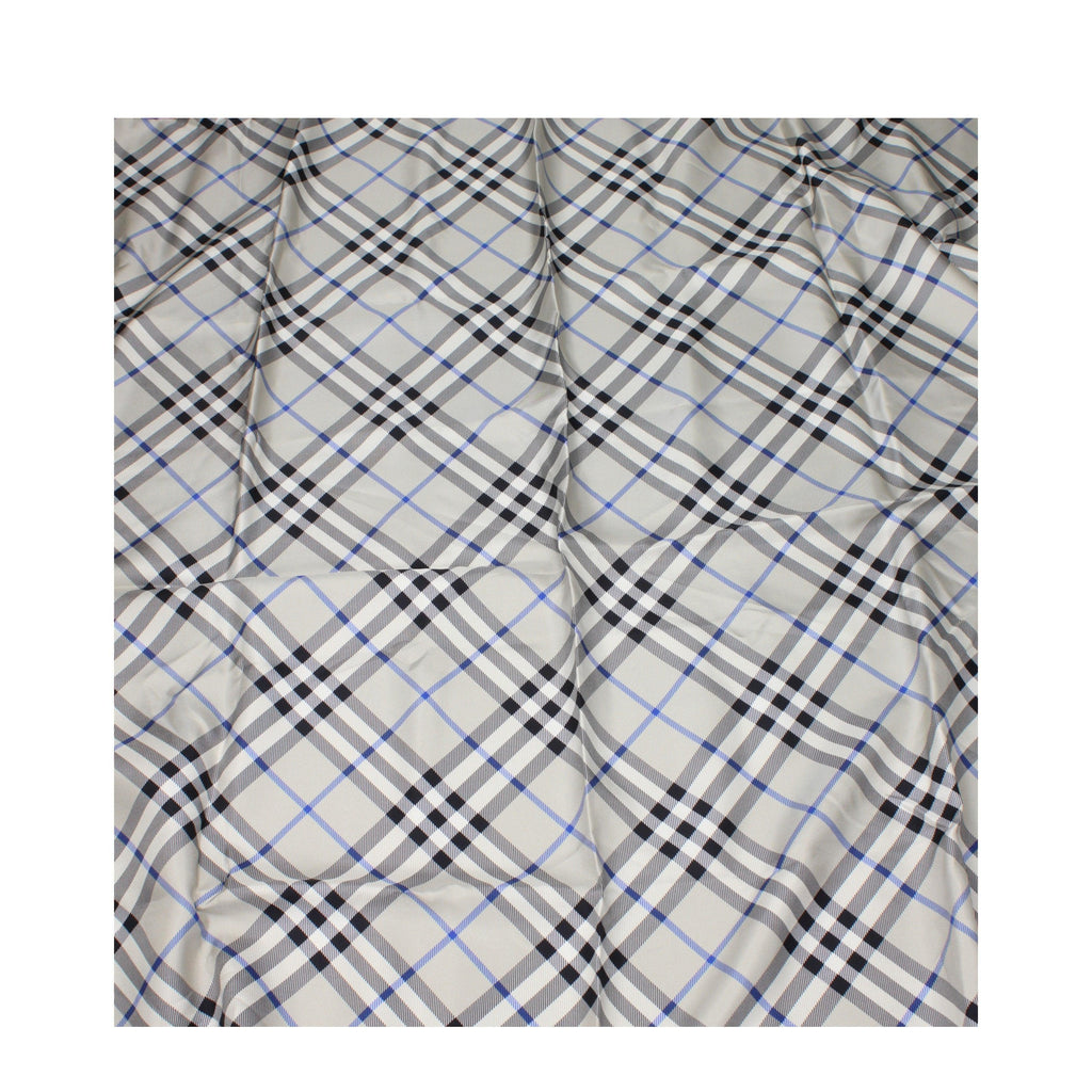 Burberry 100% Silk Scarf – Grey Check with Blue Trim