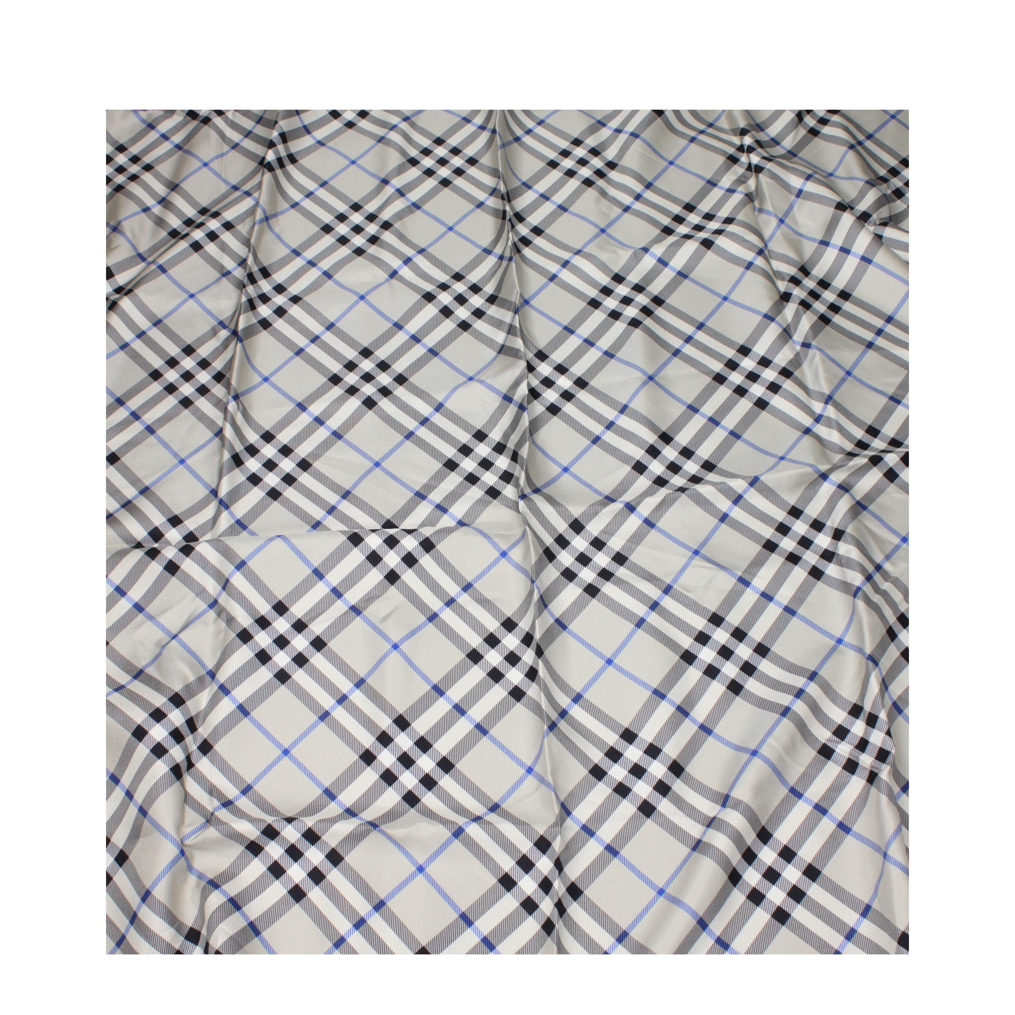Burberry 100% Silk Scarf – Grey Check with Blue Trim