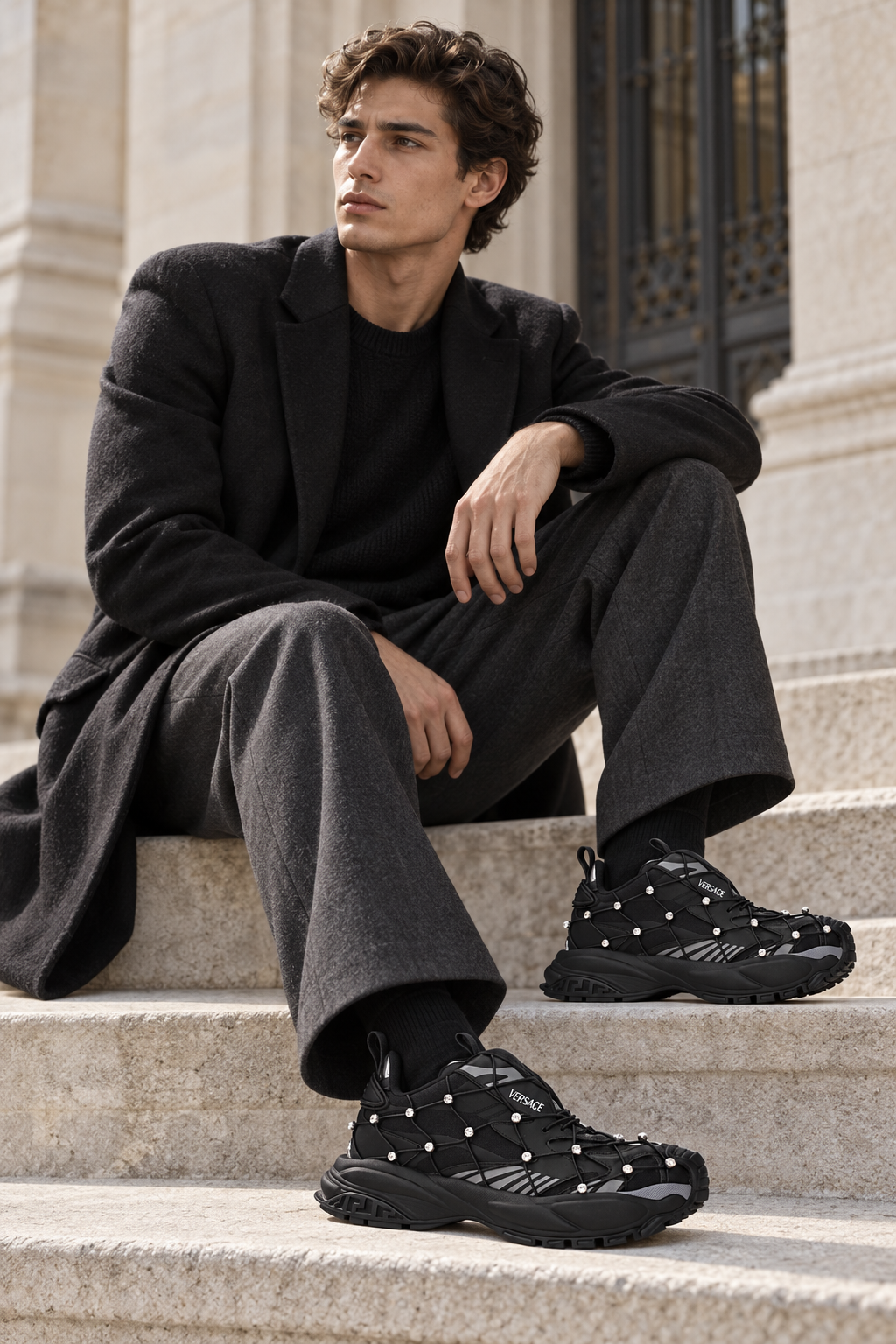Versace Nero Fabric and Leather Sneakers — lifestyle