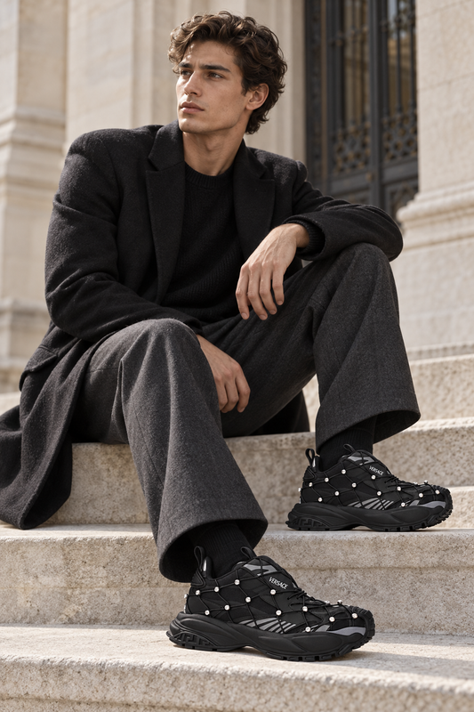 Versace Nero Fabric and Leather Sneakers — lifestyle