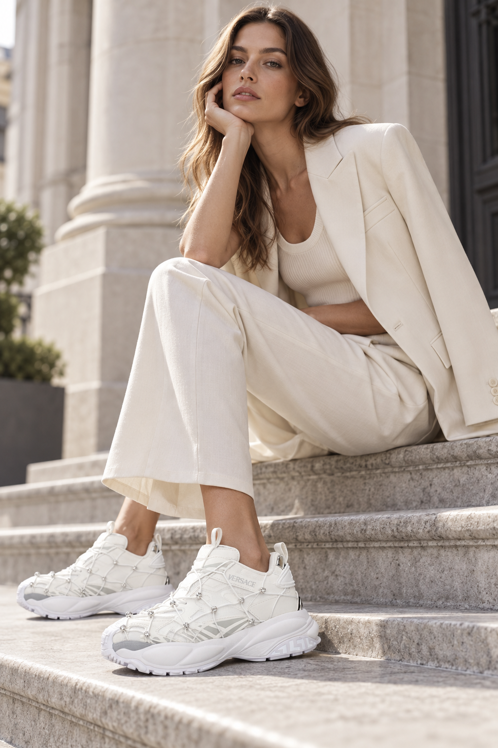 Versace Black and White Fabric and Leather Sneakers — lifestyle