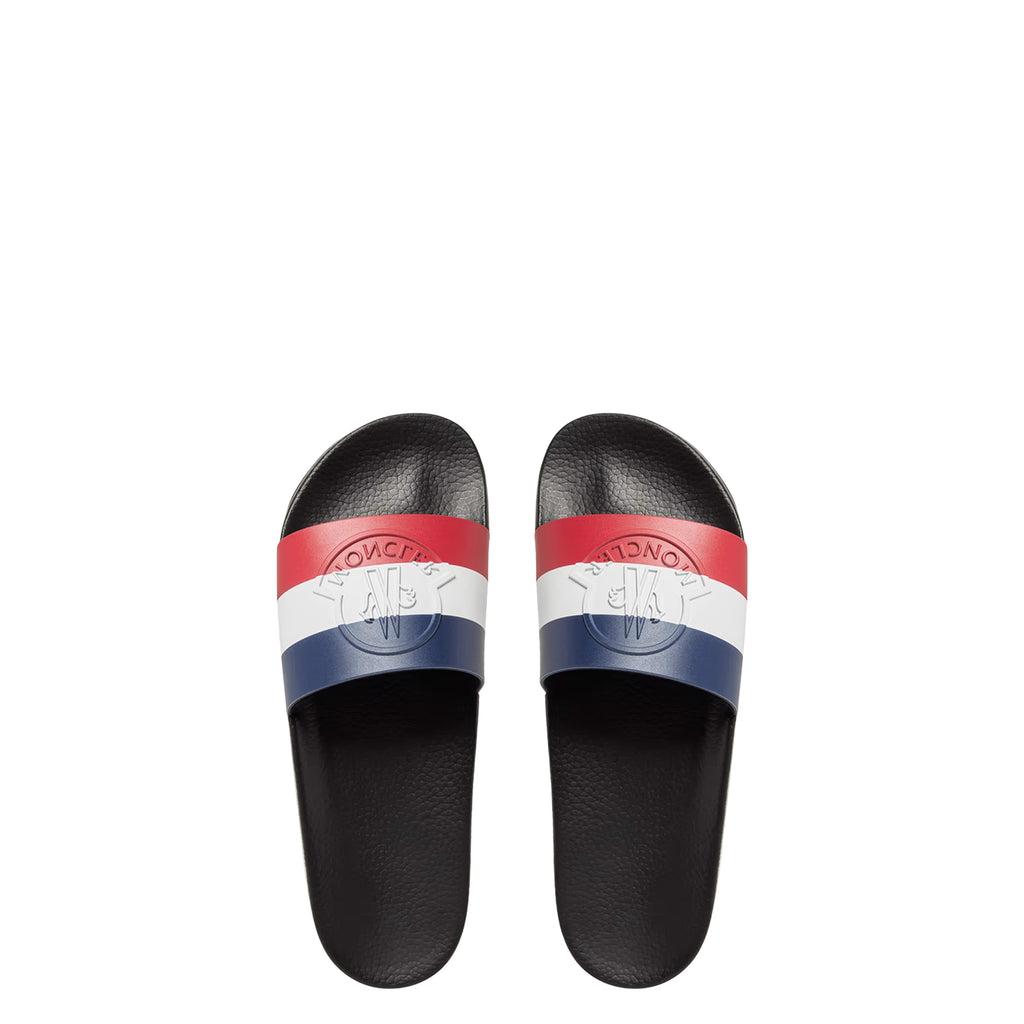 Moncler Men’s Logo Slide Slippers – Tricolor Rubber Pool Slides