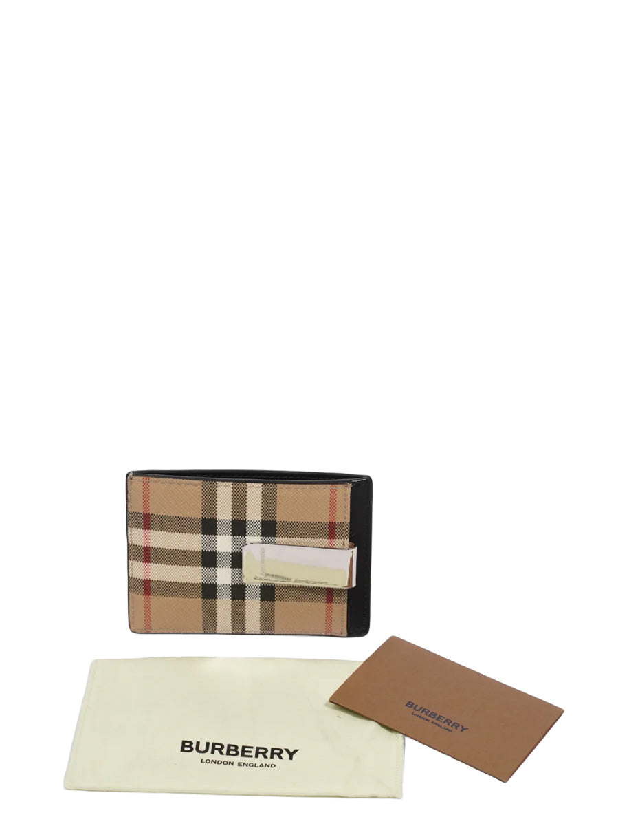 Burberry Beige Check Card Holder With Money Clip – Elegant Canvas & Leather Accessory