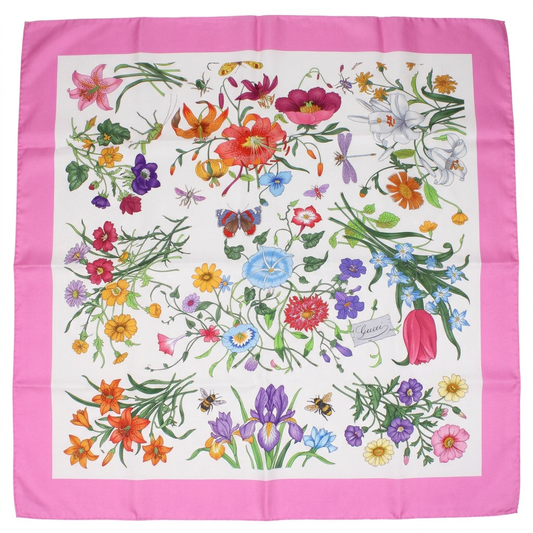 Gucci beige and pink silk foulard scarf — flat lay